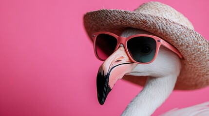A close-up shot of a flamingo donning a straw hat set against a pink background, providing a unique and eye-catching image ideal for summer or tropical themes.