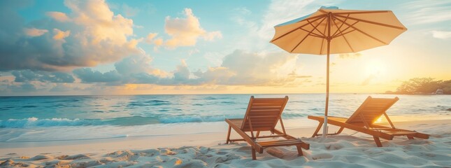 Serene beach chairs under a large umbrella at sunset along a tranquil shoreline