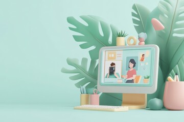 A pastel workspace with a computer displaying a woman cooking, surrounded by plants.