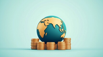 Cartoon-Style 3D Globe with Coin Stacks Symbolizing International Trade and Economic Activity