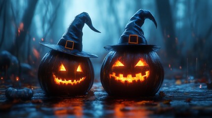 Haunted Jack-O'-Lantern Pumpkins with Witch Hats in a Foggy Halloween Forest