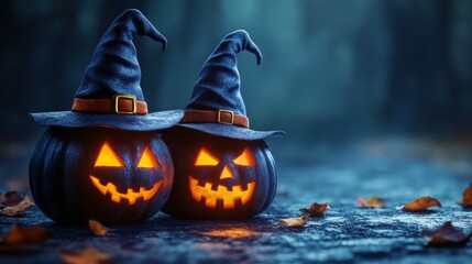 Haunted Jack-O'-Lantern Pumpkins with Witch Hats in a Foggy Halloween Forest