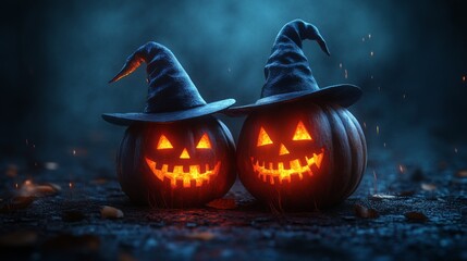 Haunted Jack-O'-Lantern Pumpkins with Witch Hats in a Foggy Halloween Forest