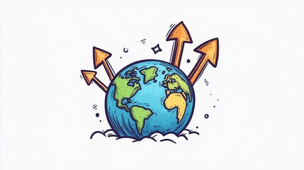 Cartoon Style International Commerce Illustration with Earth, Currencies, and Economic Arrows