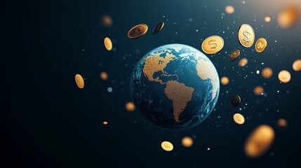 3D Illustration of Earth Surrounded by Coins and Banknotes Symbolizing Global Financial Transactions