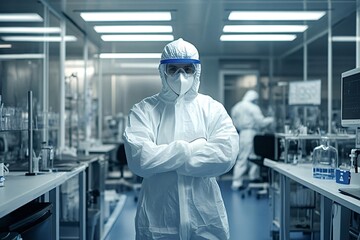 Naklejka premium Scientist is standing with his arms crossed wearing a hazmat suit inside a laboratory with other scientists working in the background