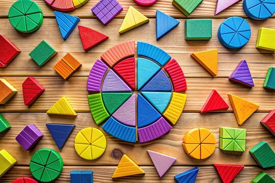 Vibrant math fractions on a wooden background, surrounded by colorful geometry shapes and materials, perfect for engaging young learners in a fun educational setting.