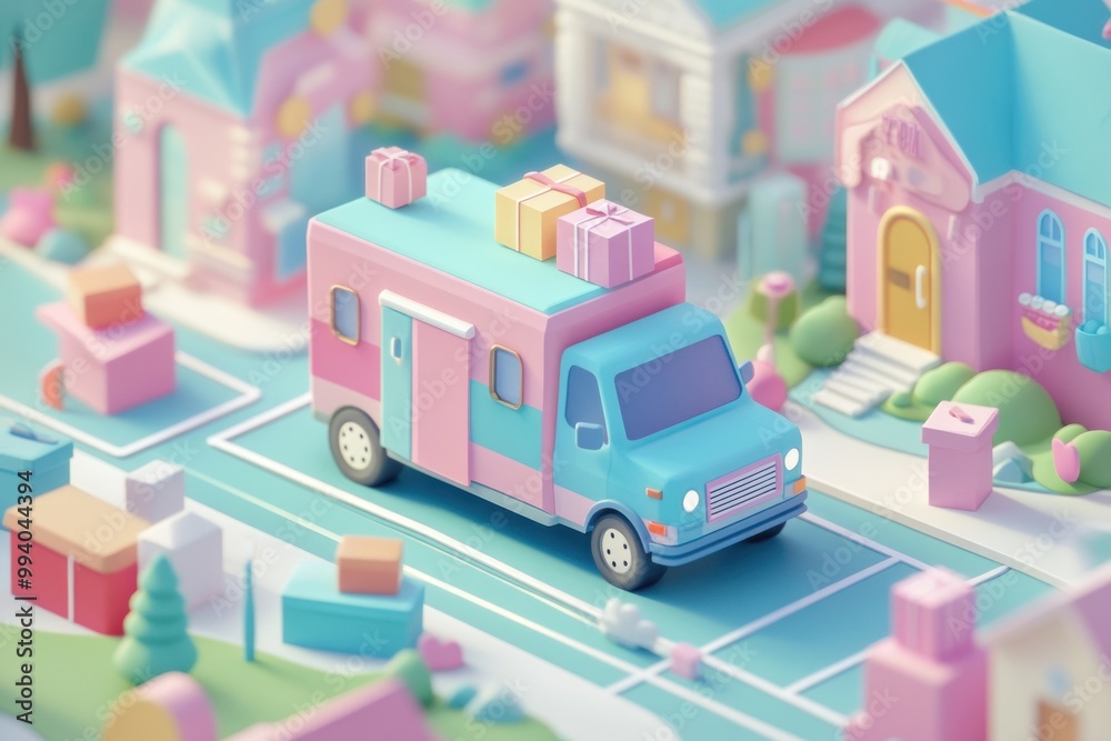 Canvas Prints A pastel-colored delivery van surrounded by gifts in a charming neighborhood.