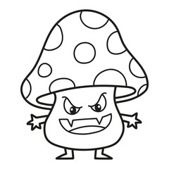 Black and white illustration of an angry poisonous mushroom, Halloween, coloring page