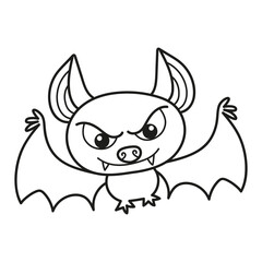 Black and white illustration of an angry bat flying, Halloween, coloring page