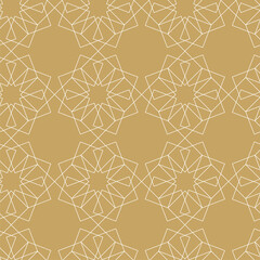 Abstract geometric pattern with squares, stripes, lines. Seamless vector background. White and gold ornament. Modern graphic design.