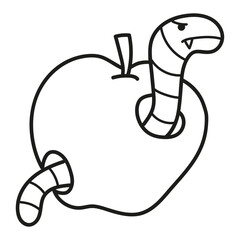 Black and white illustration of a poisoned and rotten apple with an angry worm coming out of it, Halloween, coloring page