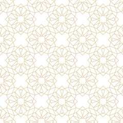 Abstract geometric pattern with squares, stripes, lines. Seamless vector background. White and gold ornament. Modern graphic design.