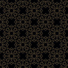 Abstract geometric pattern with squares, stripes, lines. Seamless vector background. Black and gold ornament. Modern graphic design.
