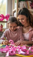 Fototapeta premium Mother and Daughter Crafting Pink Ribbons Together at Home - Symbol of Personal Support