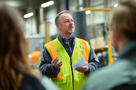 A factory supervisor leading a team meeting, discussing production targets and quality standards, showcasing effective communication and leadership