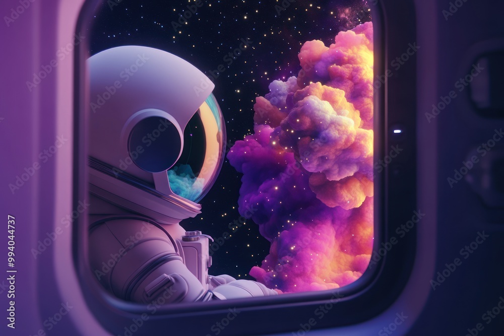 Sticker an astronaut gazes out of a spacecraft window at a colorful cosmic cloud.