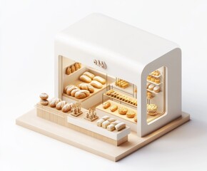 A minimalist bakery display showcasing various pastries and baked goods in an elegant setting.