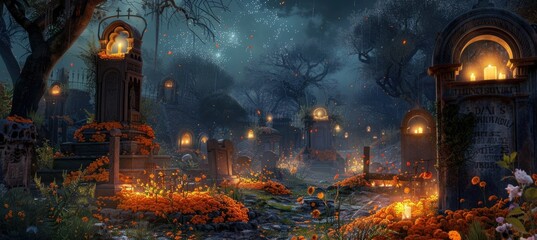 Obraz premium Día de los Muertos Cemetery Scene with Marigold Petals, Candles, and Families Sharing Memories