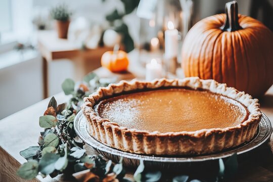 Cozy autumn pumpkin pie on festive table - Powered by Adobe