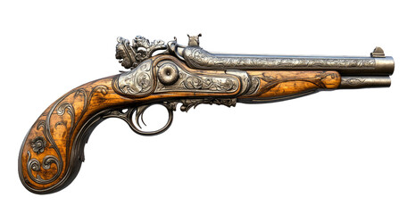 Ornate Antique Flintlock Pistol on Transparent Background