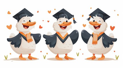 Fototapeta premium Cute graduate goose character and You Did It lettering in Scandinavian lettering. Geese wearing in graduation hat. Vector isolated illustration