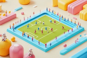 A colorful miniature soccer scene with playful figures and vibrant structures.