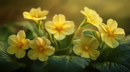 A group of five yellow primrose flowers with green leaves in a soft light.