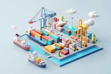 Fototapeta premium A colorful 3D representation of a cargo port with containers and ships.