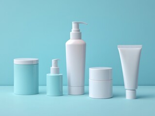 A curated selection of luxurious skincare products arranged neatly against a soothing blue backdrop
