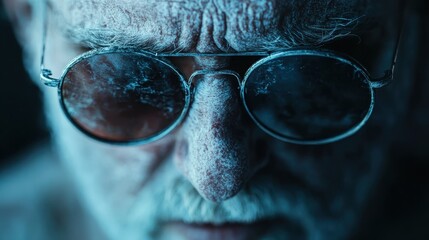 This image is largely blurred with a hint of eyeglasses visible in the blueish hues, providing an abstract look and evoking a sense of mystery.