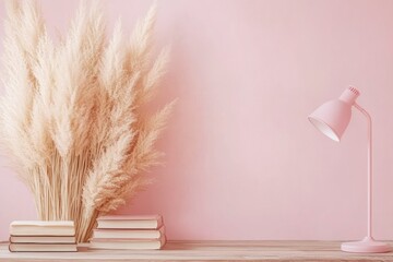 Serene home office concept with pampas grass, lamp, books