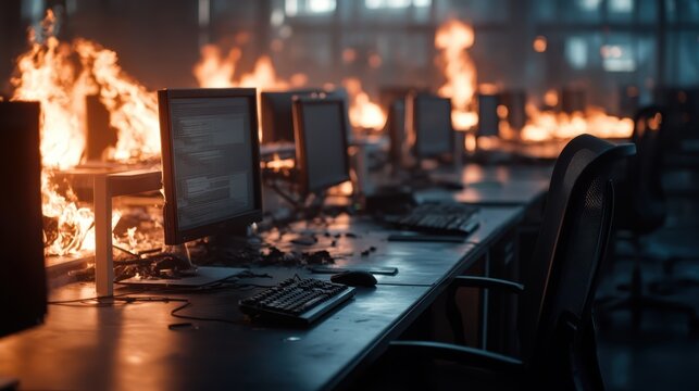 An office setting engulfed in flames, with multiple computers ablaze, creating a dramatic and intense scene of destruction and chaos.