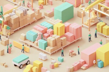 Fototapeta premium A colorful warehouse scene with workers organizing various packages and boxes.