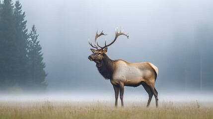 A solitary elk standing majestically in a misty mountain meadow at dawn