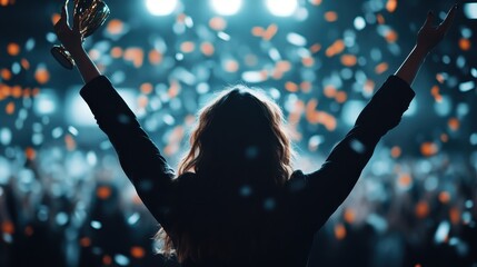 A person celebrates holding a trophy with arms raised high amidst falling confetti, capturing a triumphant moment filled with excitement and joy at a victory event.