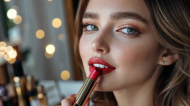 Woman applying red lipstick while looking in the mirror