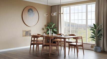 Fototapeta premium A cozy dining room featuring a round mockup frame and a wooden table surrounded by elegant chairs, ready for a meal with family or friends.