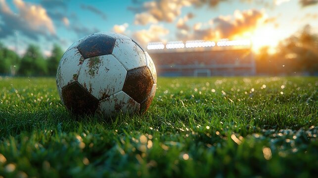 Soccer Ball on a Grassy Field Under Stadium Lights - Perfect for Sports Promotions and Event Coverage