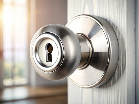 A shiny silver doorknob with a stylized icon of a keyhole at its center, set against a blurred-white background, conveying accessibility and entry.