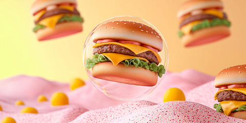 Delicious cheeseburgers floating in whimsical candy landscape