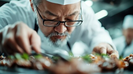 A dedicated chef intensely focuses on artfully plating gourmet food, highlighting the sophistication, precision, and artistry involved in high-end culinary creation.