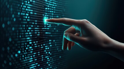 Hand Interacting With Digital Binary Code Data Network