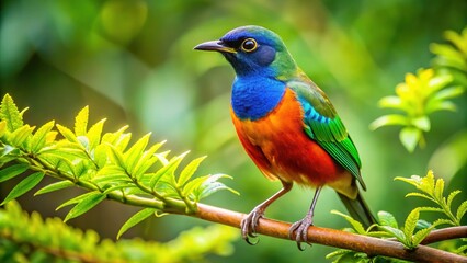 Obraz premium A solitary songbird perches on a branch of a lush green tree, its vibrant plumage contrasting with the natural earthy tones of its surroundings.