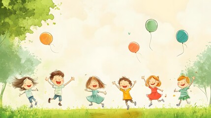 A group of cartoonish hand-drawn children playing in a park, exuding happiness and fun with sketchy lines and bright colors. Hand-Drawn Illustrations