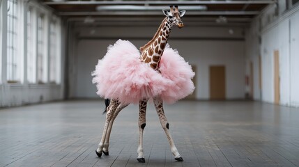 A humorous and imaginative scene of a lone giraffe wearing a fluffy pink tutu, standing tall and somewhat awkwardly in an empty ballet studio, embodying creativity and whimsy.