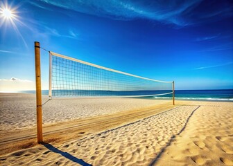 A vibrant, sunny day provides the perfect setting for a beach volleyball court, with a net and raked sand, against a clear blue sky background.