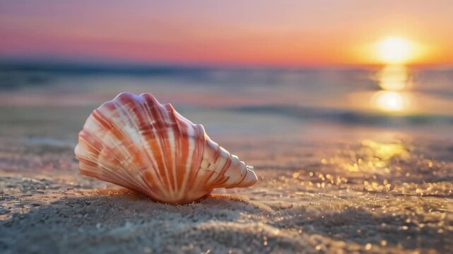A large shell is laying on the beach at sunset