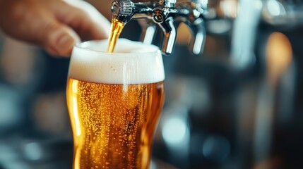 A perfectly captured moment of golden beer being poured from a tap, highlighting its rich foam and the refreshing beverage. Ideal for representing leisure or refreshment.