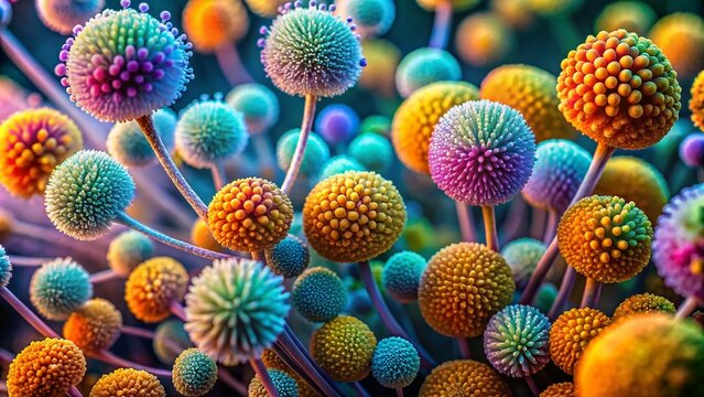 Detailed View of Aspergillus Conidiophores Under Microscope Showing Fungal Structure and Growth